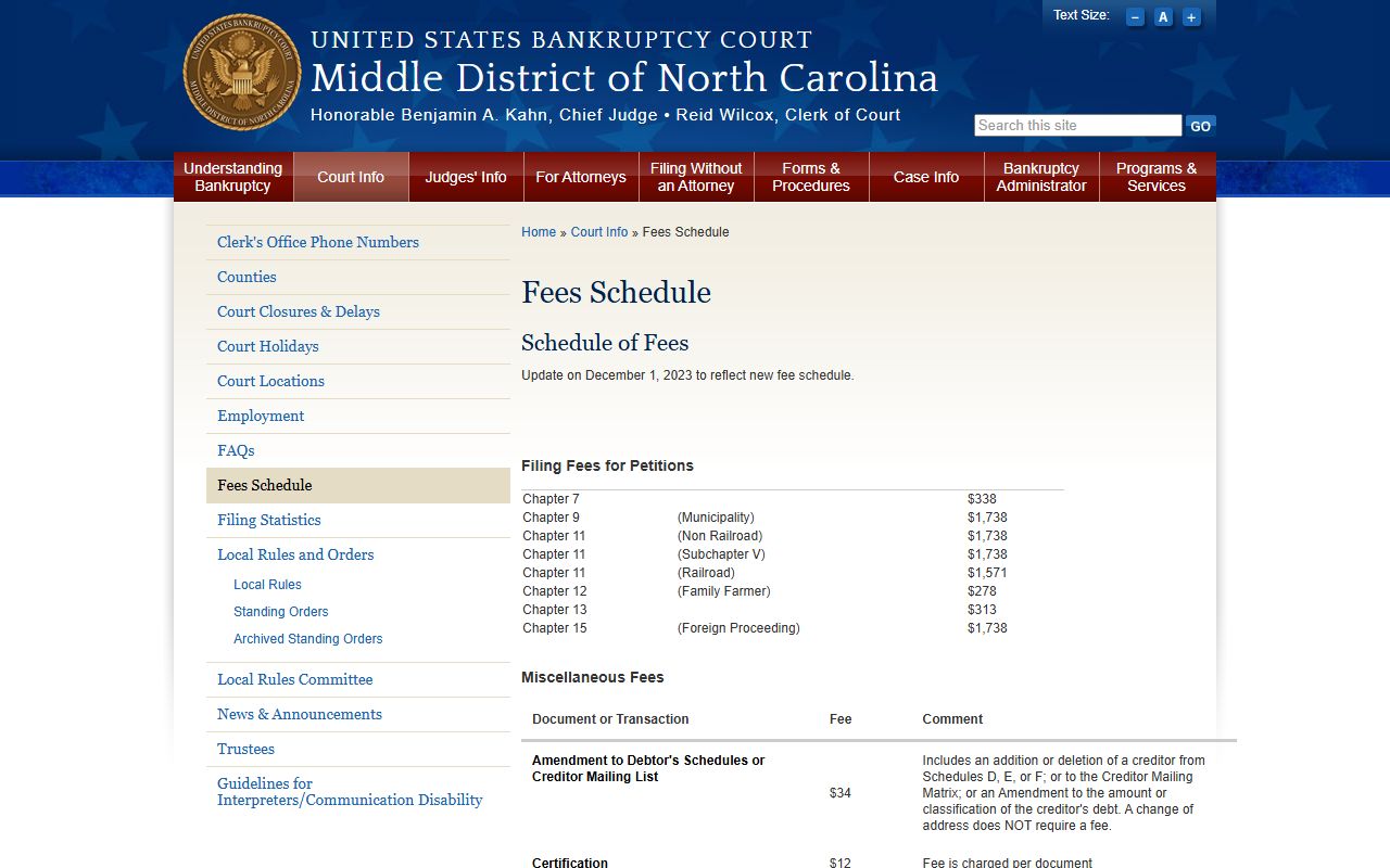 Richmond County district court records bankruptcy fee schedule