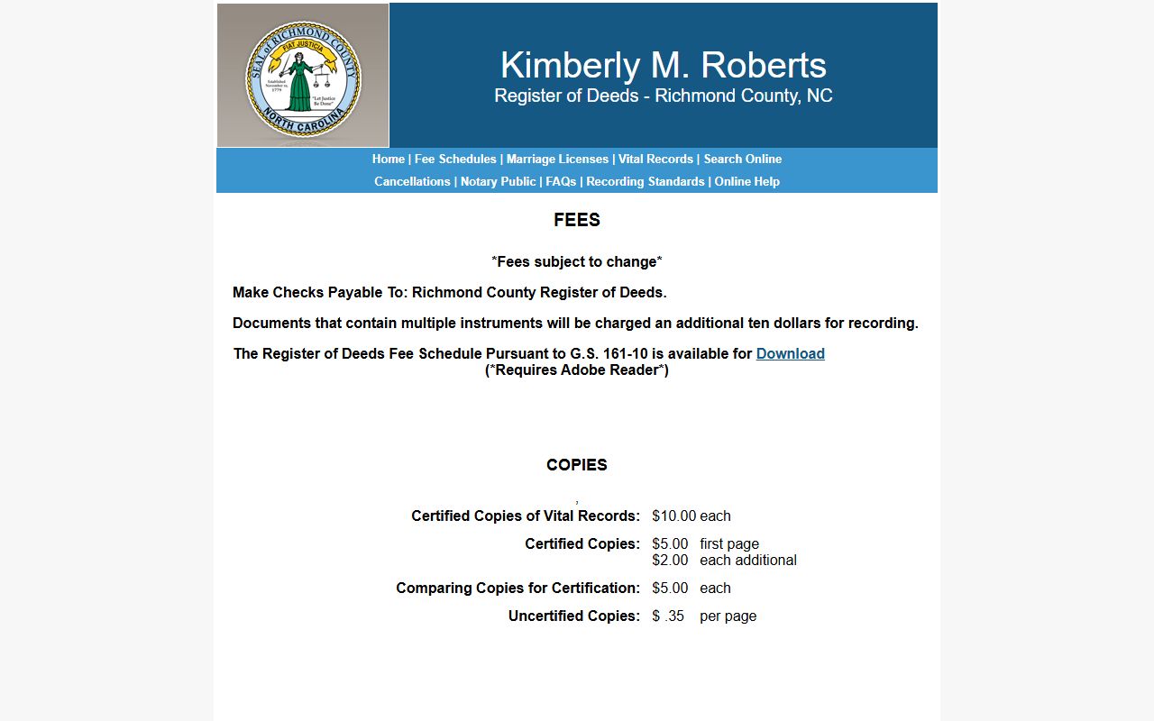 Richmond County marriage and divorce records fee schedule