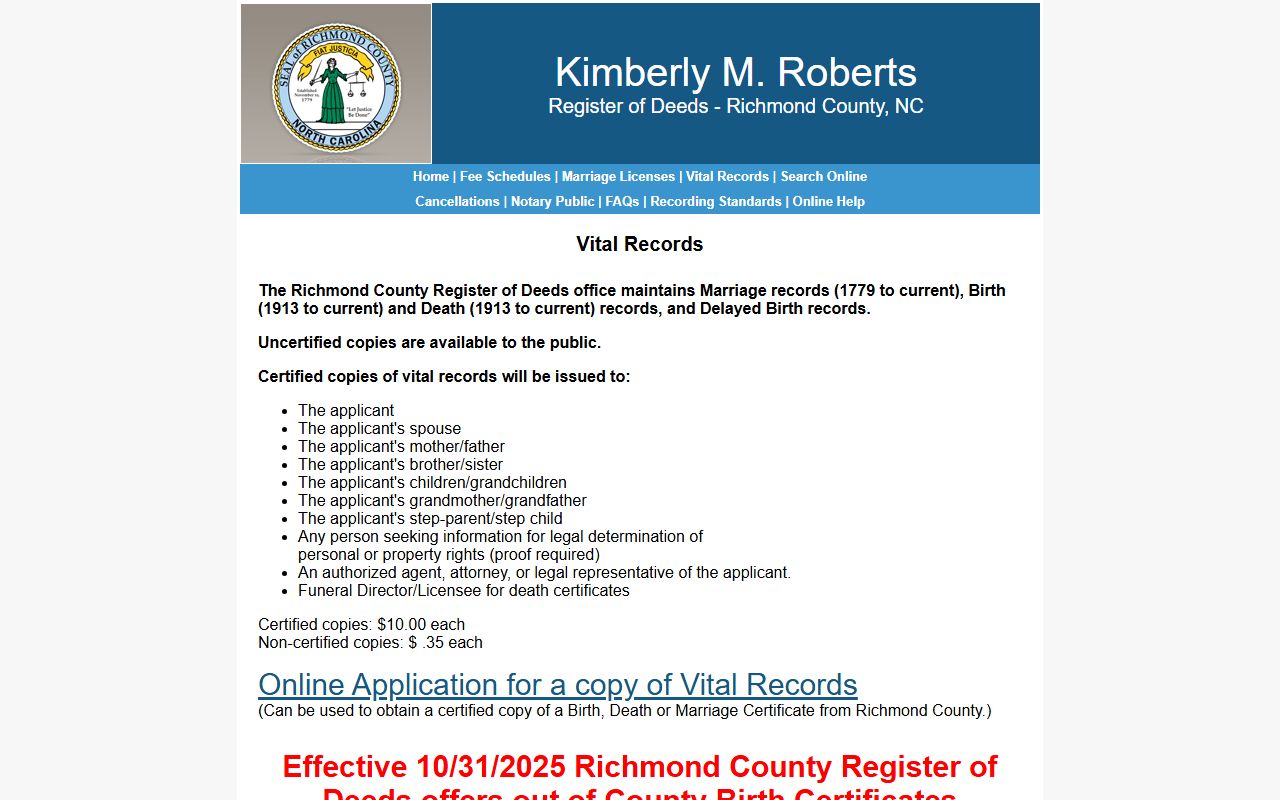 Richmond County marriage records vital records page