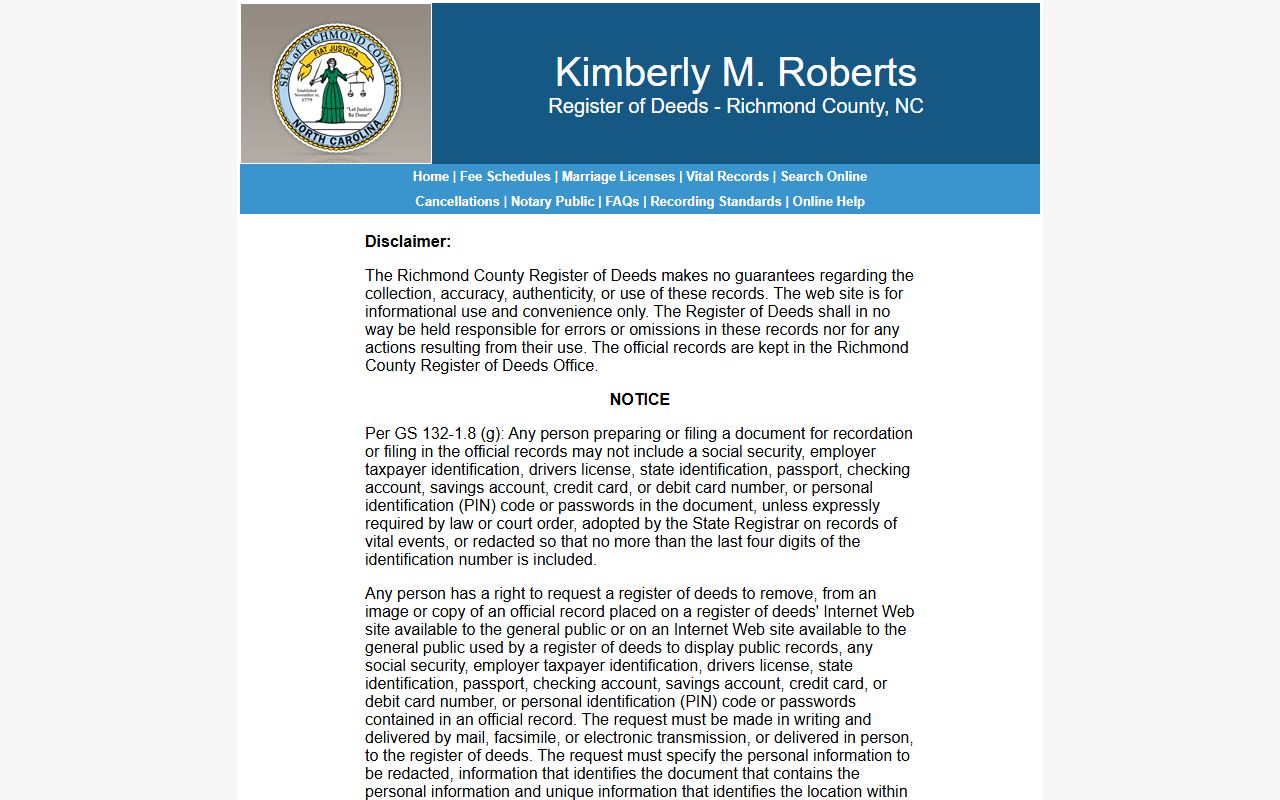 Richmond County marriage and divorce records online search disclaimer