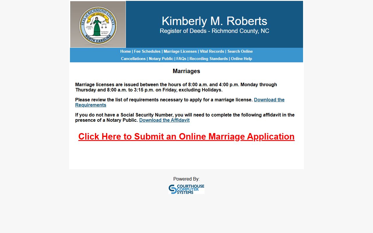 Richmond County marriage license records application page